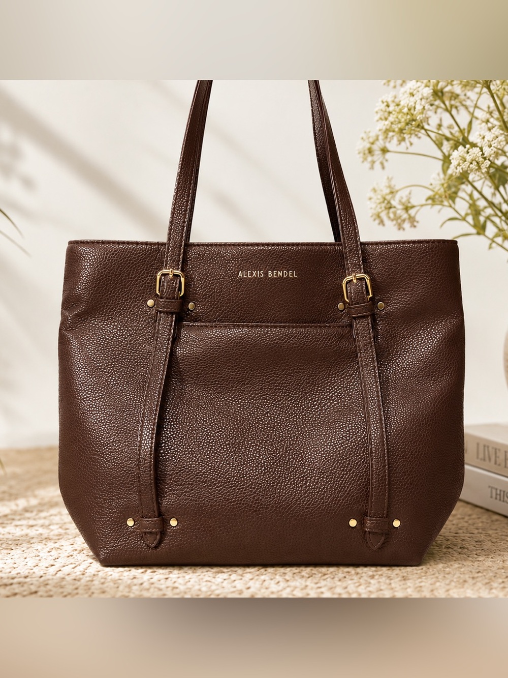 Alexis Bendel Brown Pebbled Faux Leather Tote Bag Striped Lining
